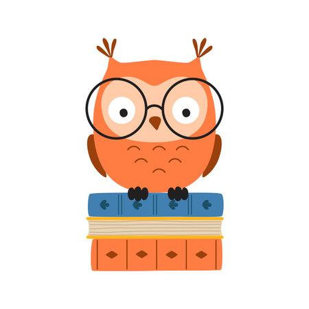 Wise owl in glasses, sitting on pile of booksのイラスト素材