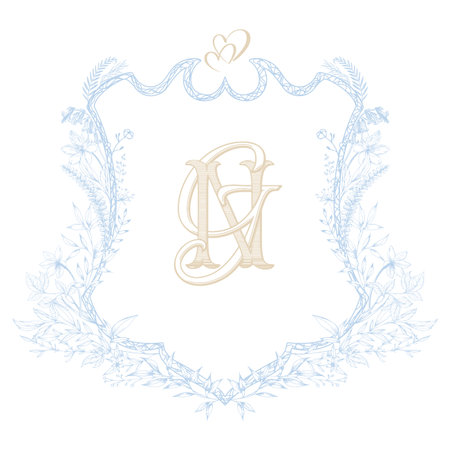 Floral Vintage Monogram Wedding Crest. Elegant NG initial wedding golden monogram with blue laurel wreaths.のイラスト素材