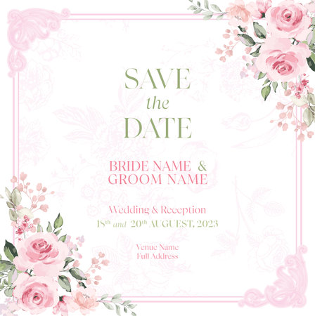 Save the date with pink watercolor flower card. Wedding invitation with pink flowers and leaves. Vector illustration.のイラスト素材
