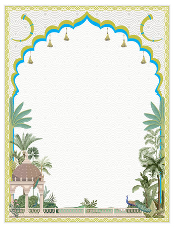 Traditional Mughal Wedding Card Design. Oriental frame with tropical tree Invitation card for printing.の写真素材