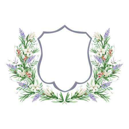 Watercolor crest with basil leaves, red berries, white lilies flower frame Hand drawn template.の写真素材
