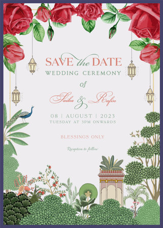 Traditional Indian Mughal wedding invitation card design. Save the date invitation card for printing.の写真素材