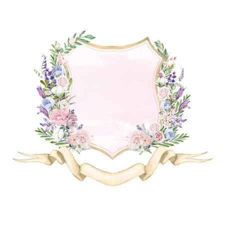 Watercolor light pink carnation, lavender flower frame vector illustration template.の写真素材