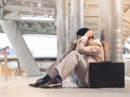 Asian businessman in a suit is worried and stressed  sitting outside office with black briefcase. Unemployment or economy concept.の写真素材