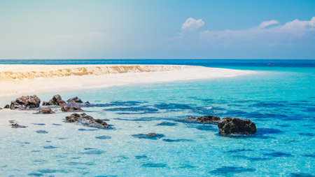 View of sand beach and blue sea. Background.の写真素材