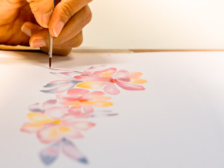 Painting lessons in a Watercolor painting course. Selective focus.の写真素材