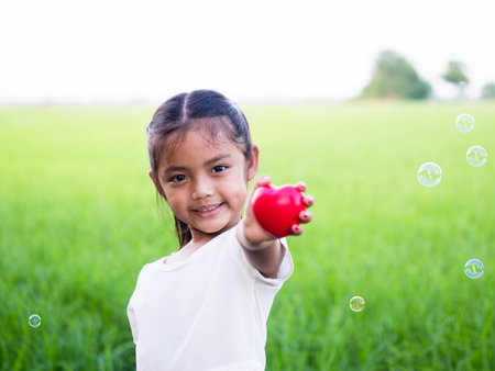 Happy little asian girl holding red heart and smiling.の写真素材