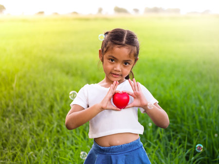 Portrait of little asian girl holding red heart.の写真素材