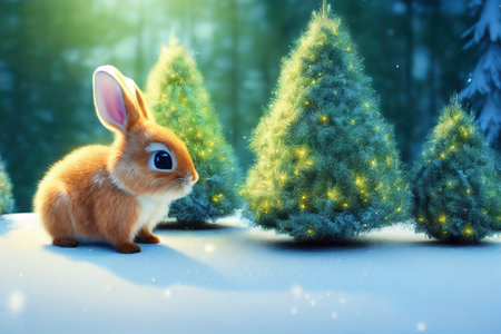 rabbit in the winter forest christmas backgroundの素材