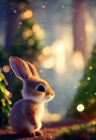rabbit in the winter forest christmas backgroundの素材