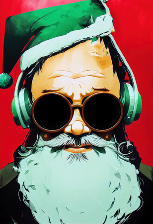 santa claus dj with christmas gift and sunglassesの素材