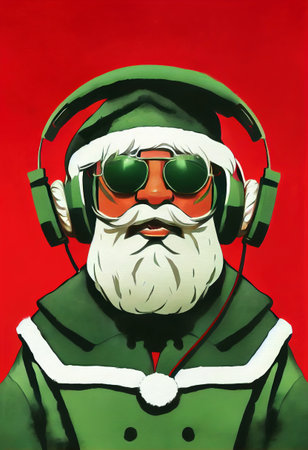 santa claus dj with christmas gift and sunglassesの素材