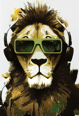 portrait of a lion abstract color art with headphonesの素材