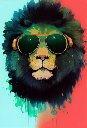 portrait of a lion abstract color art with headphonesの素材