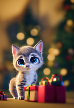 kitty in the winter forest christmas backgroundの素材