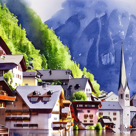 houses on the river hallstatt austriaの素材