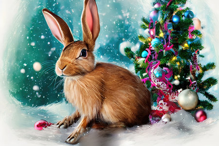 rabbit in the snow with christmas treeの素材