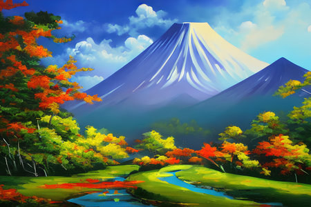 sunset in the mountains japan color illustrationの素材