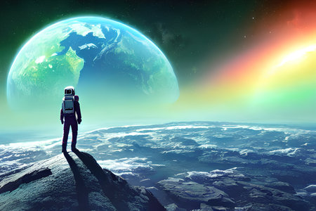 spaceship flying over the earth space landscape with astronautの素材