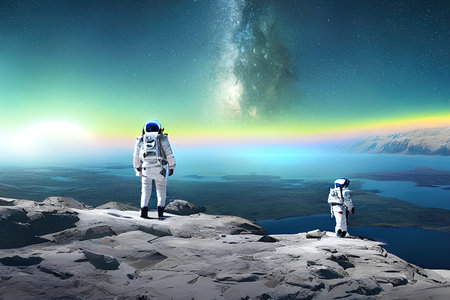 spaceship flying over the earth space landscape with astronautの素材