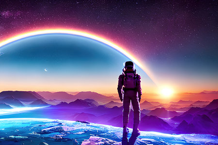 spaceship flying over the earth space landscape with astronautの素材