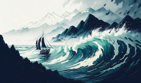 sailing ship on the seaの素材