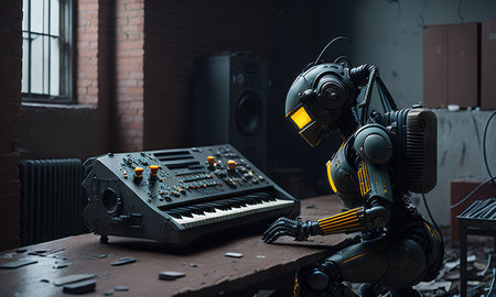 dj in action on the stage, robot play in synthesizerの素材