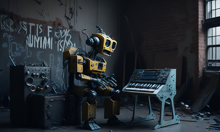 dj in action on the stage, robot play in synthesizerの素材