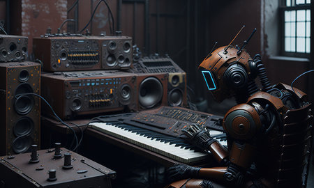 dj in action on the stage, robot play in synthesizerの素材