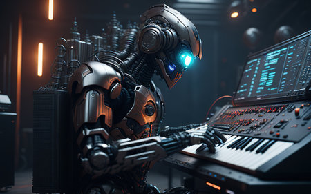 dj in action on the stage, robot play in synthesizerの素材