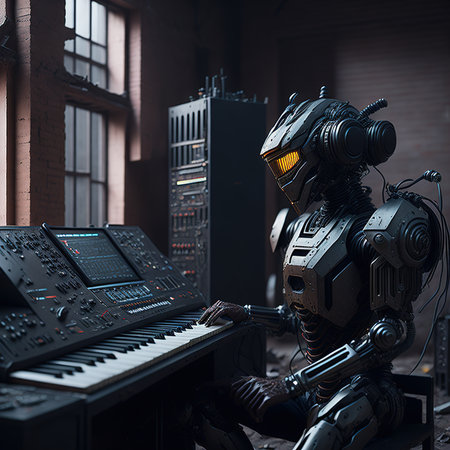 dj in action on the stage, robot play in synthesizerの素材