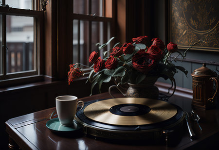 record player standing in a cozy beautiful old room with coffee and flowersの素材
