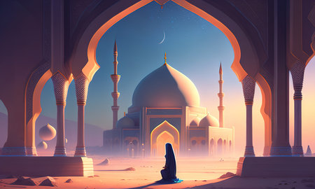 mosque in the morning,silhouette of a man praying in mecca islamic temple holiday ramadanの素材