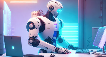 robot with computer work in officeの素材