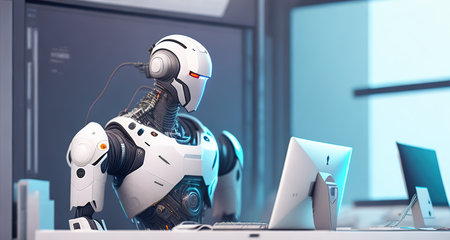 robot with computer work in officeの素材