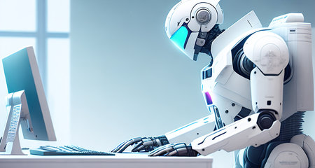 robot with computer work in officeの素材