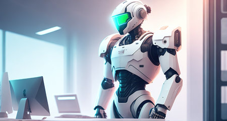 robot with computer work in officeの素材