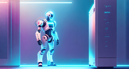 robot with computer work in officeの素材