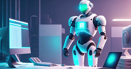 robot with computer work in officeの素材