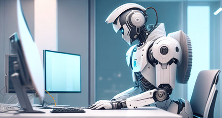 robot with computer work in officeの素材