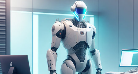 robot with computer work in officeの素材