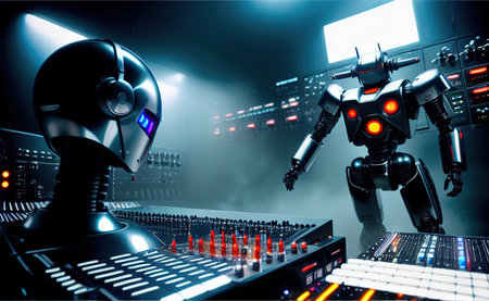 robot play on synthesizer future art illustrationの素材