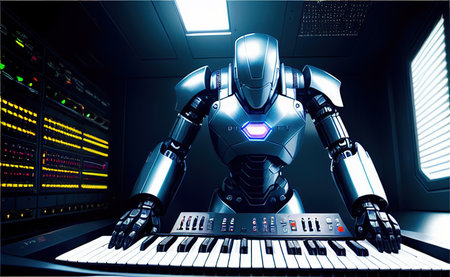 robot play on synthesizer future art illustrationの素材