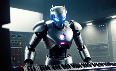 robot play on synthesizer future art illustrationの素材