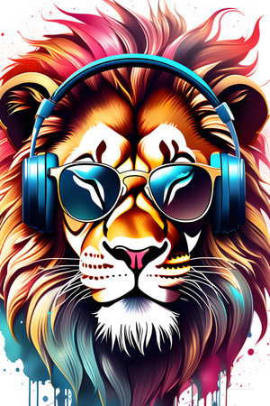 dj lion with headphones and sunglasses t-shirts design Created with generative AI toolsの素材