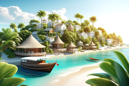 travel suitcase and beach created with generative AI softwareの素材