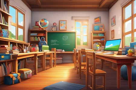 school class and library room with books created with generative AI software.の素材