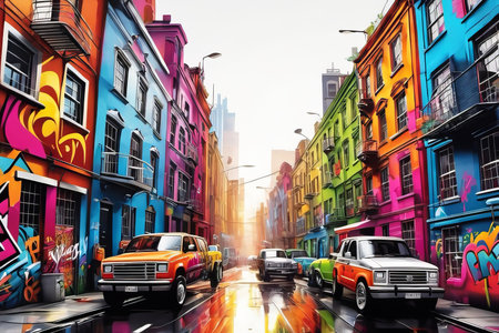 city street with graffity created with generative AI software.の素材