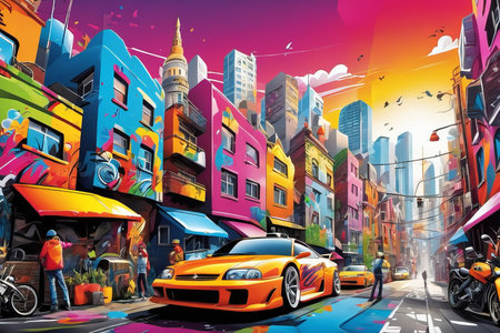 city street with graffity created with generative AI software.の素材