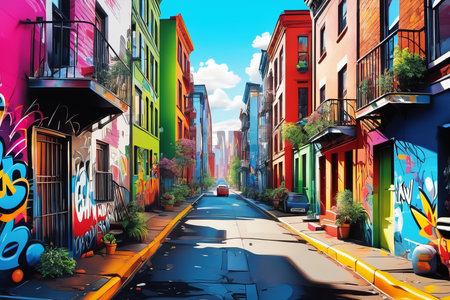 city street with graffity created with generative AI software.の素材